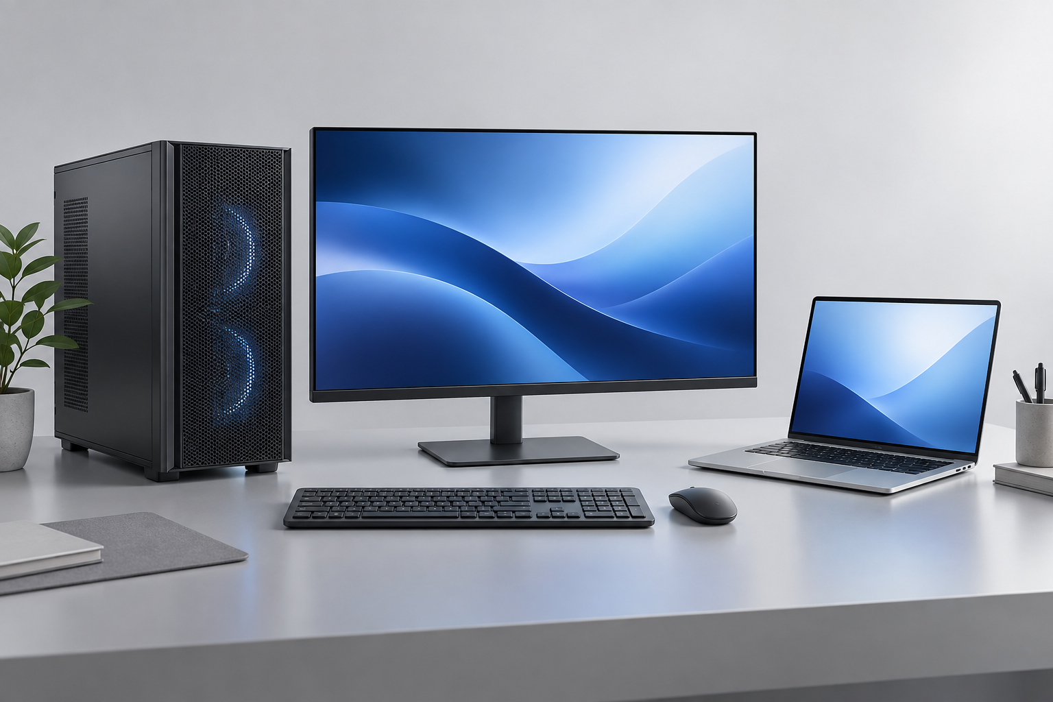 새 데스크톱 PC와 모니터, 키보드를 갖춘 깔끔한 작업 공간